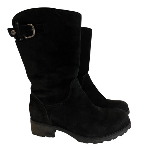 UGG Australia Shoes - UGG Australia Boots Womens 8 Black Suede Shearling Lined Buckle Moto Lug Sole